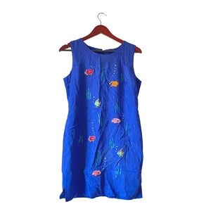 Vintage blue Linen Blend Sleeveless Fish Print embroidered Size medium